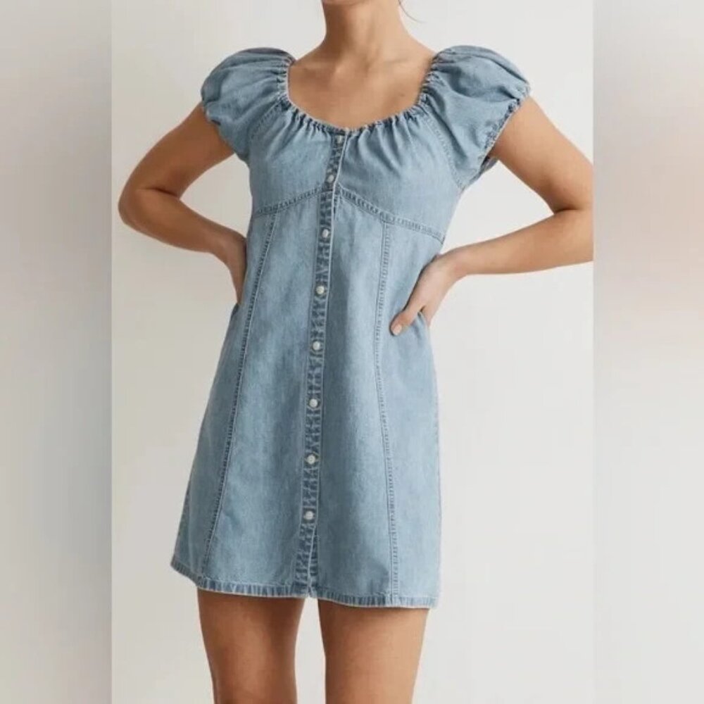 Madewell Margie Button Front Puff Sleeve Denim Mini Dress Size 2